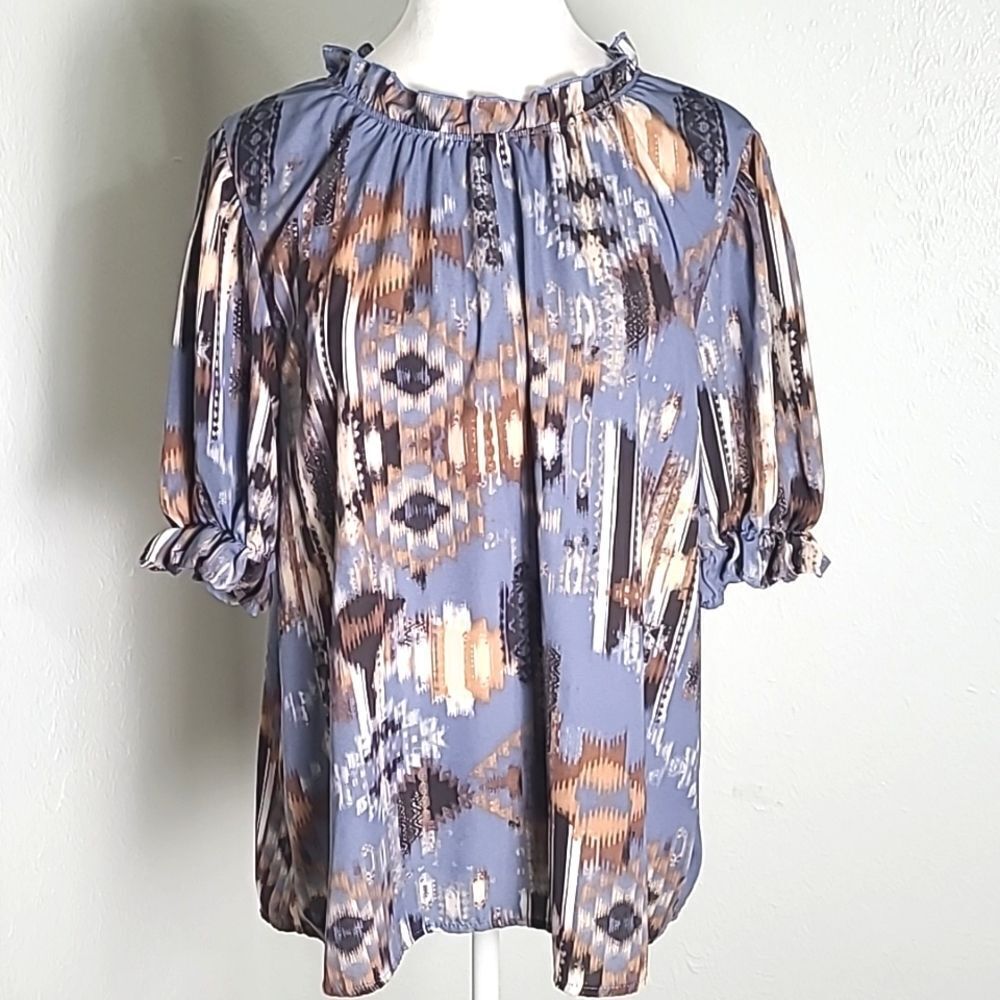 Entro Blue, Brown & Rust Print Top, Ruffled Collar, Puff Short Sleeves, Sz Large